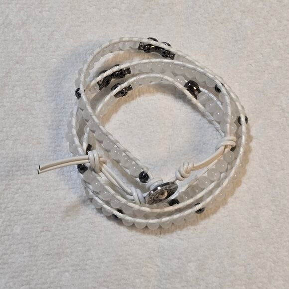 Victoria Emerson White Leather White Faceted Stone and Hematite Wrap Bracelet - Picture 2 of 5